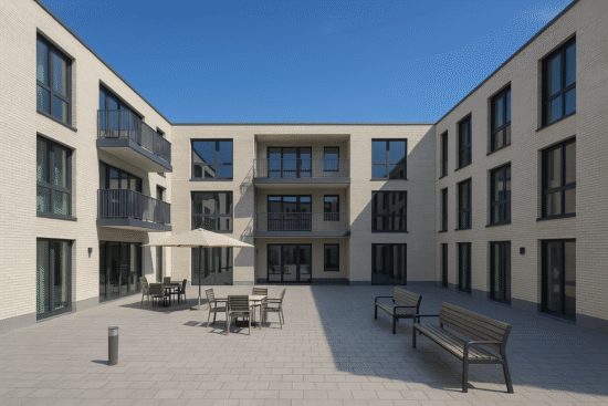 Innenhof eines modernen Wohngebäudes mit hellem Klinker, grossen Fenstern und Balkonen. Im Zentrum stehen Holztische mit Stühlen und Sonnenschirm sowie mehrere Parkbänke auf einem grosszügig gepflasterten Platz unter blauem Himmel.