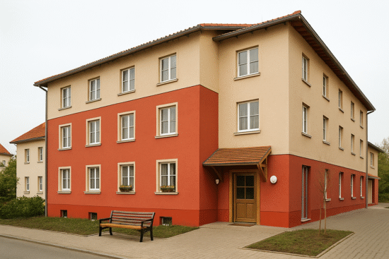 Aussenansicht eines dreistöckigen Pflegeheims mit rot-beige gestrichener Fassade, klassischem Satteldach und einem Eingangsbereich mit Holzüberdachung, davor eine Sitzbank und gepflasterter Gehweg