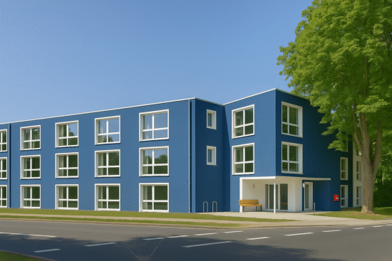 Dreigeschossiges Wohn- oder Pflegeheim mit dunkelblauer Fassade und weißen Fensterrahmen, direkt an einer Strasse gelegen. Der Eingangsbereich ist überdacht, rechts daneben ein grosser Baum.
