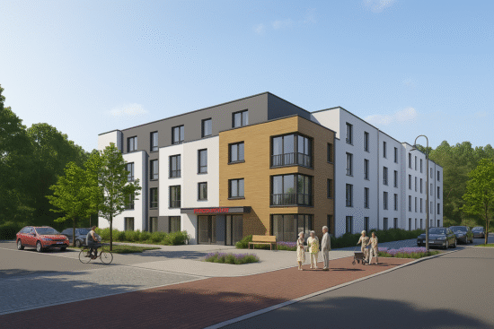 Moderne Pflegeeinrichtung mit vier Stockwerken, weisser Fassade und markantem Vorbau aus Holz. Mehrere ältere Menschen unterhalten sich auf dem Gehweg vor dem Gebäude, daneben parken Autos und wachsen kleine Bäume.